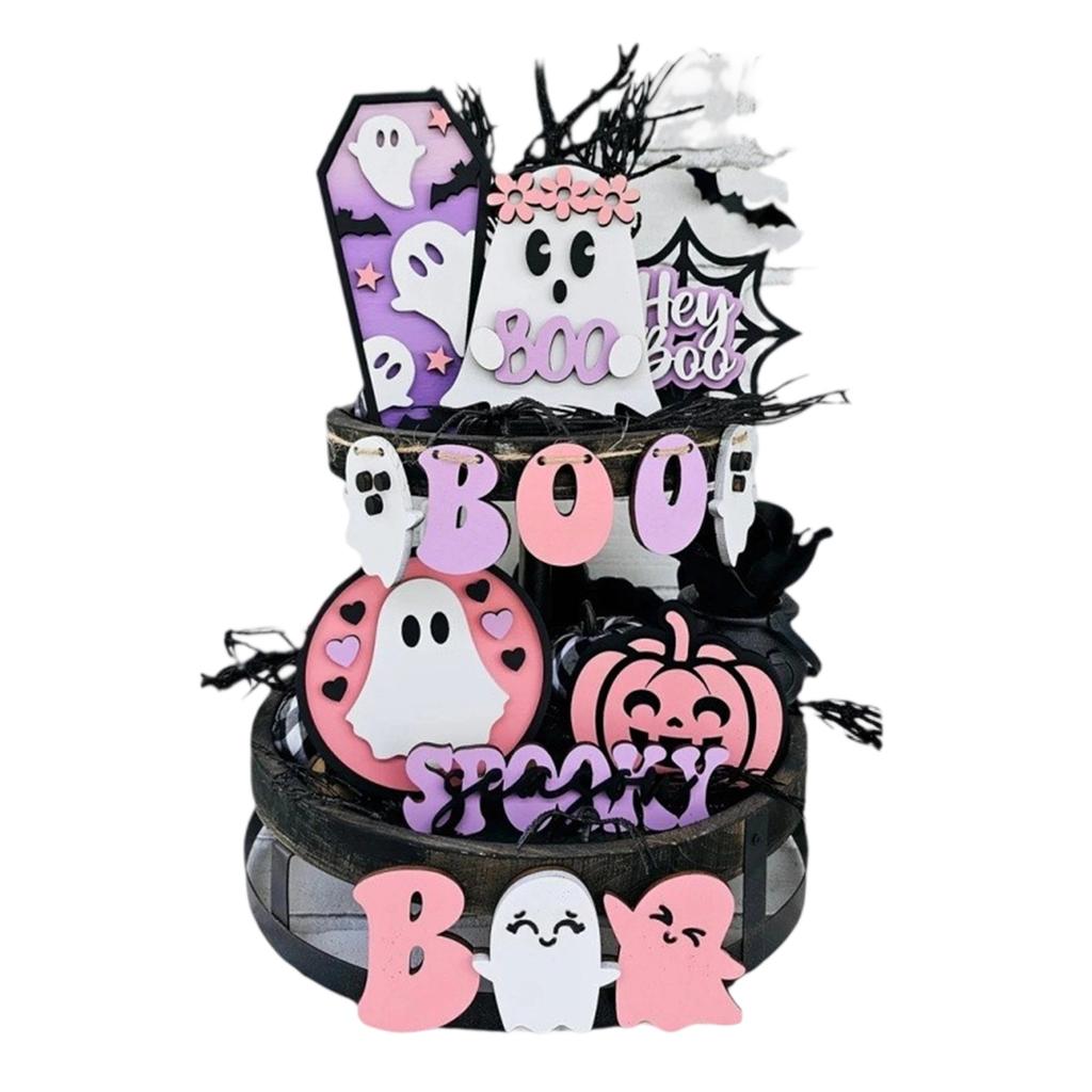 Halloween Party Decor Set with 14pcs Cute Ghost Pumpkin Wooden Signs Ornaments for Home Table Tiered Tray Supplies