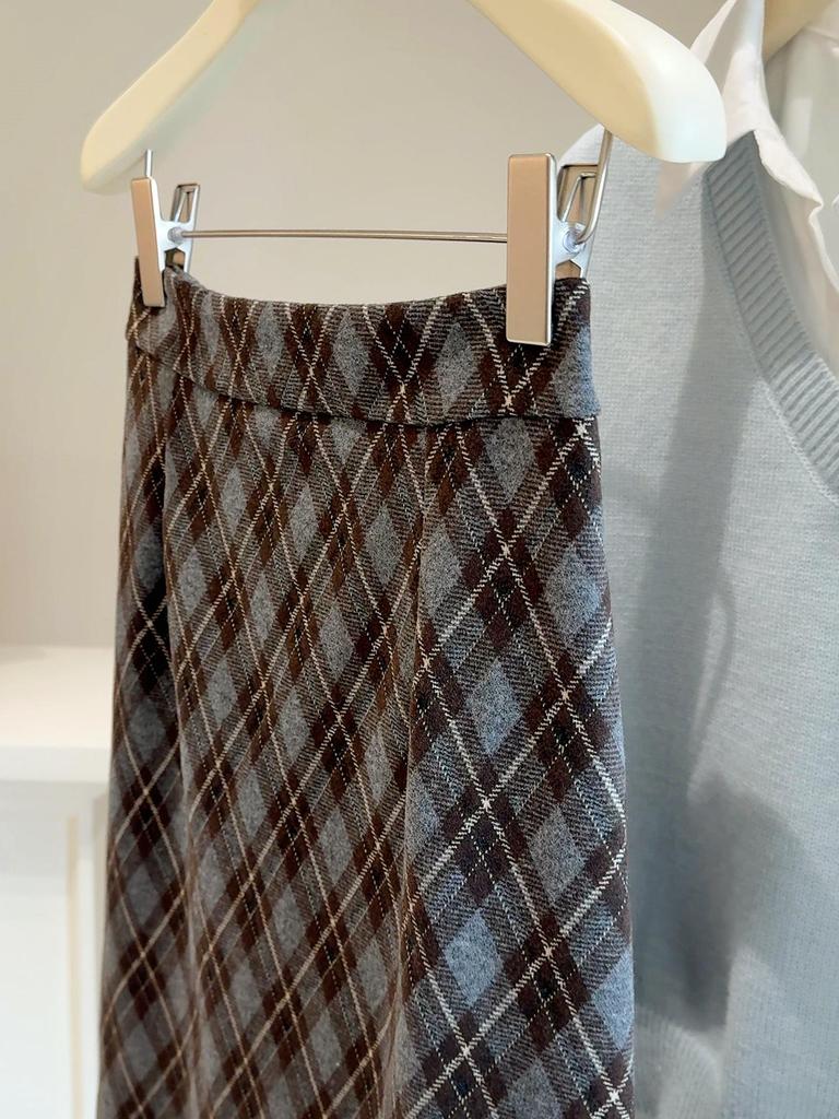 Women's Autumn Plaid Brushed Midi Skirt 2025 - High Waist, Bodycon, Back Slit