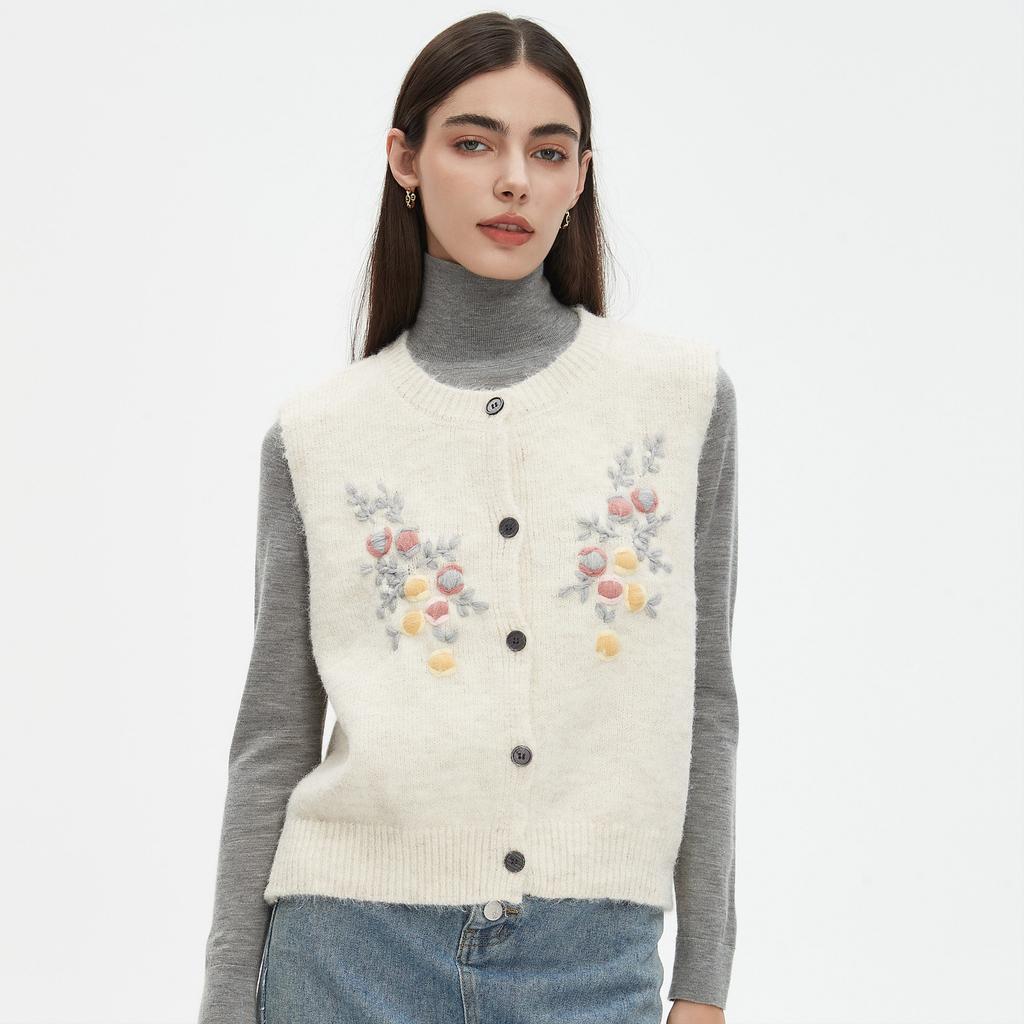 Dimanaf 2025 Short Vest Sweaters Autumn Women Flowers Print O-Neck Sweaters Knitting White Sweater