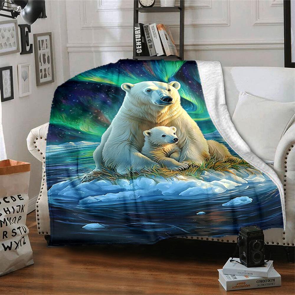 1pc Polar Bears Aurora Blanket, Lightweight Flannel Throw Blanket For Sofa, Bed, Travel, Camping, Living Room, Office, Couch, Chair, And Bed