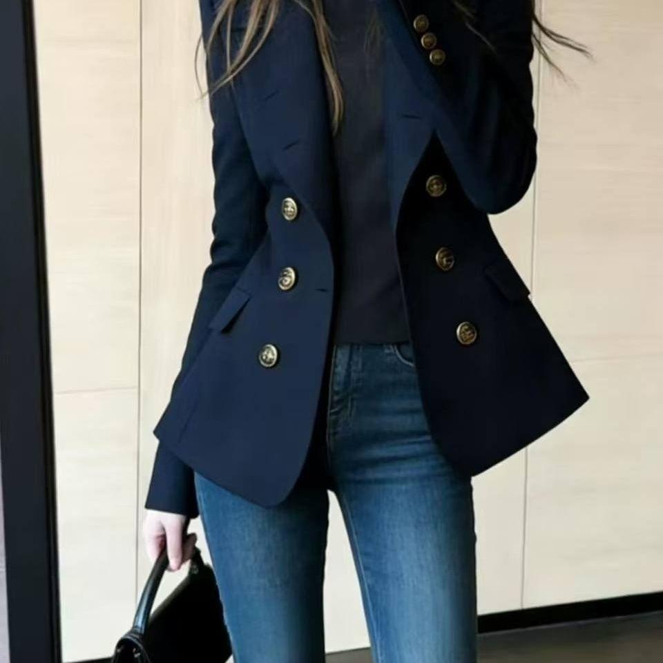 French Style Navy Blue Double Breasted Suit Spring Powerful Commuting Coat