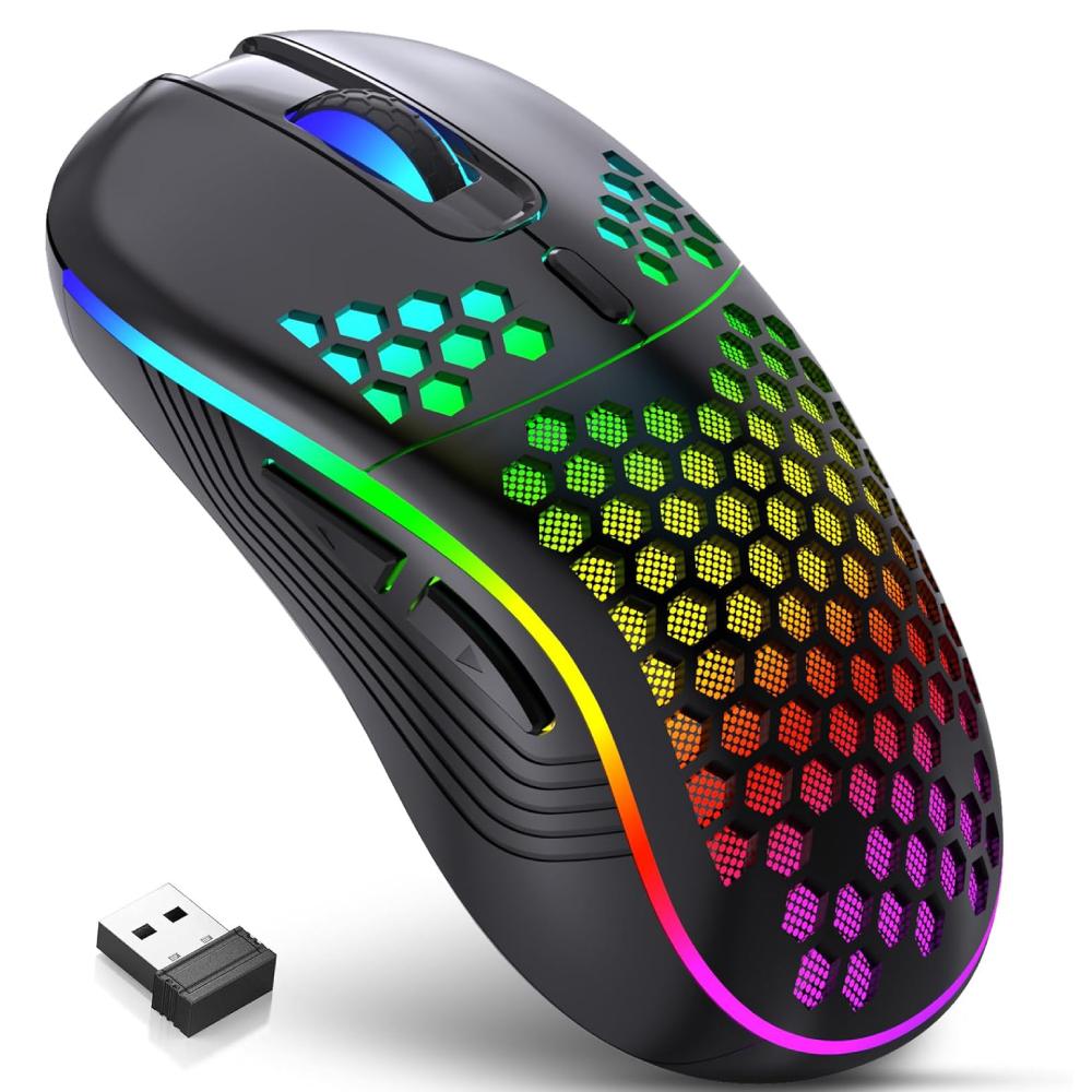 

2.4G беспроводная игровая мышь с подсветкой RGB, зарядная мышь с регулируемым DPI, эргономичный сотовый дизайн для настольного ноутбука чёрный