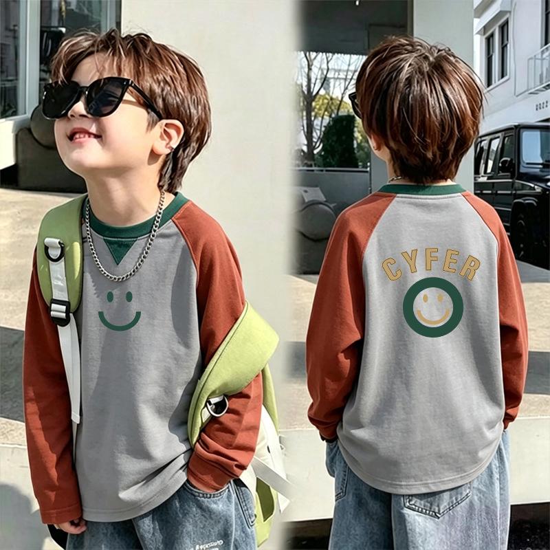 Boys' Retro Color Block Long Sleeve T-shirt - Spring/Autumn 2026, Medium/Large Sizes, Handsome Pure Cotton Base Layer Top