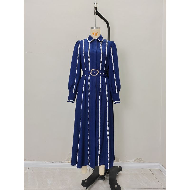

Western Style New Fashion Casual Loose Long sleeve dress Long dress Belt Shirt Dress Shirt Dress Dark blue XL