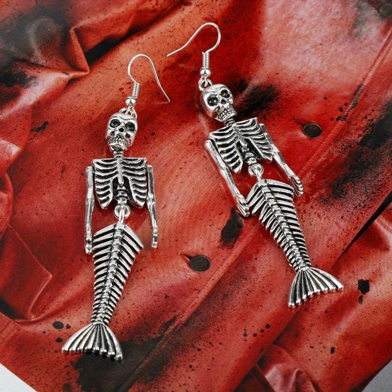 Halloween Gothic Skull Necklace Punk Skull Jewelry Mermaid Skull Fish Tail Pendant Punk Fashion Necklace Earring Keychain Gift