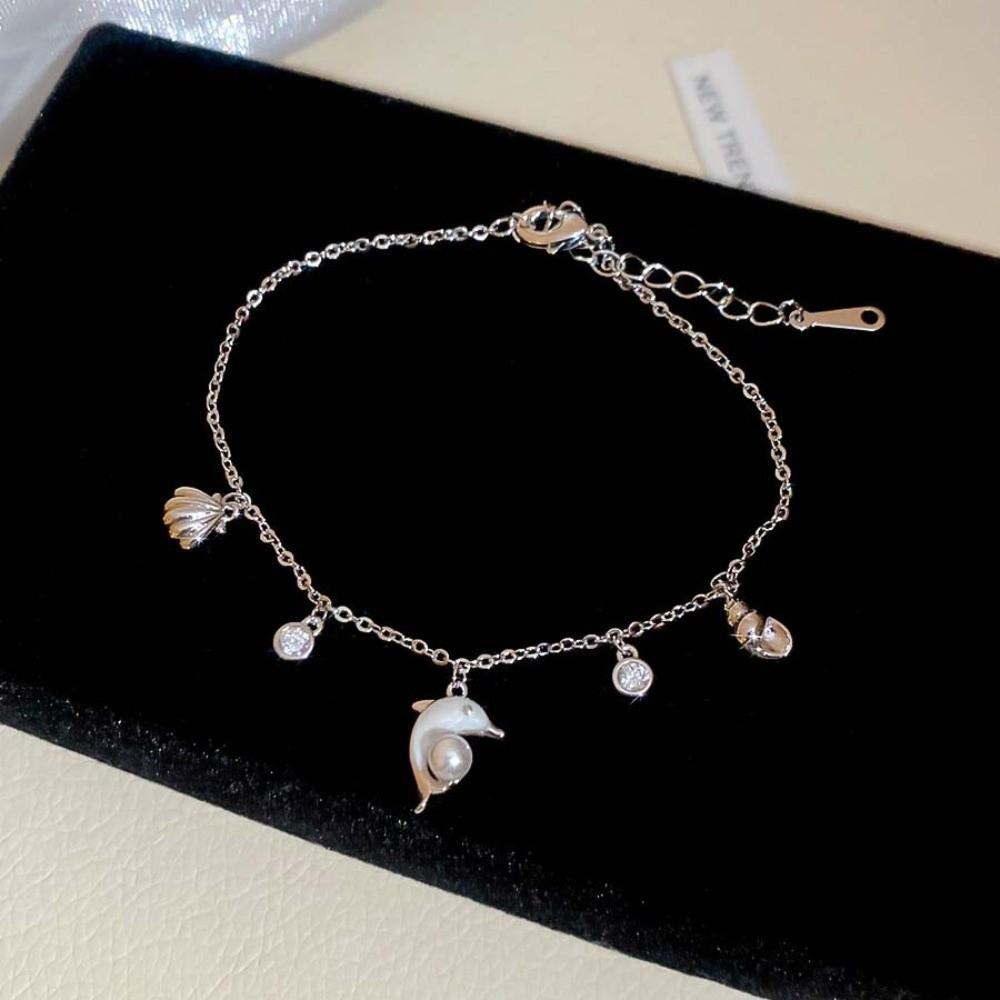 Sea Series Metal Shell Dolphin Bracelet Imitation Pearl Beach Hand Chain  Couple Gift