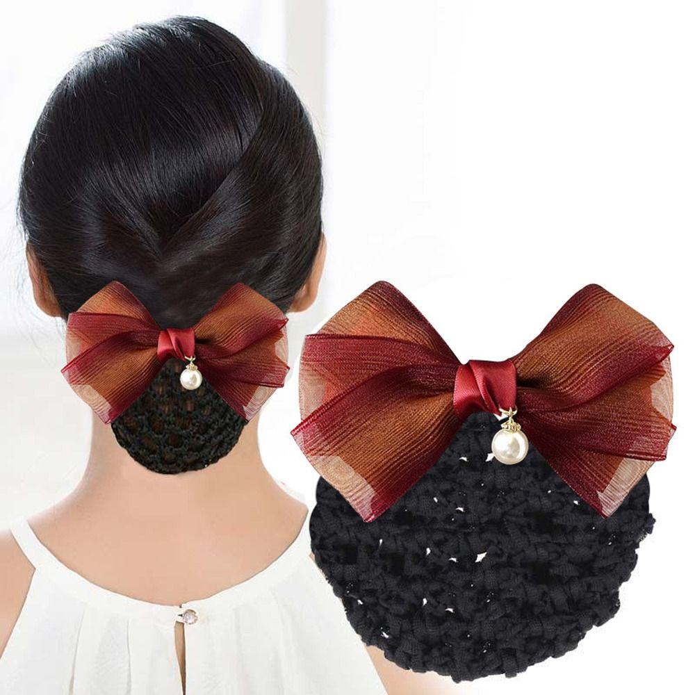 Hotel Attendant Hair Clip Bowknot Bun Snood Spring Clip Bowknot Hairgrips Net Cover  Dance