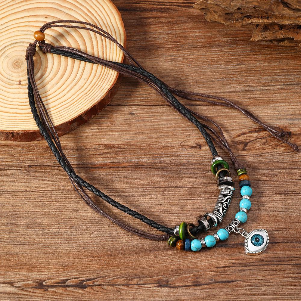 Trendy Turquoise Beaded Multi-layer Men's Leather Necklace