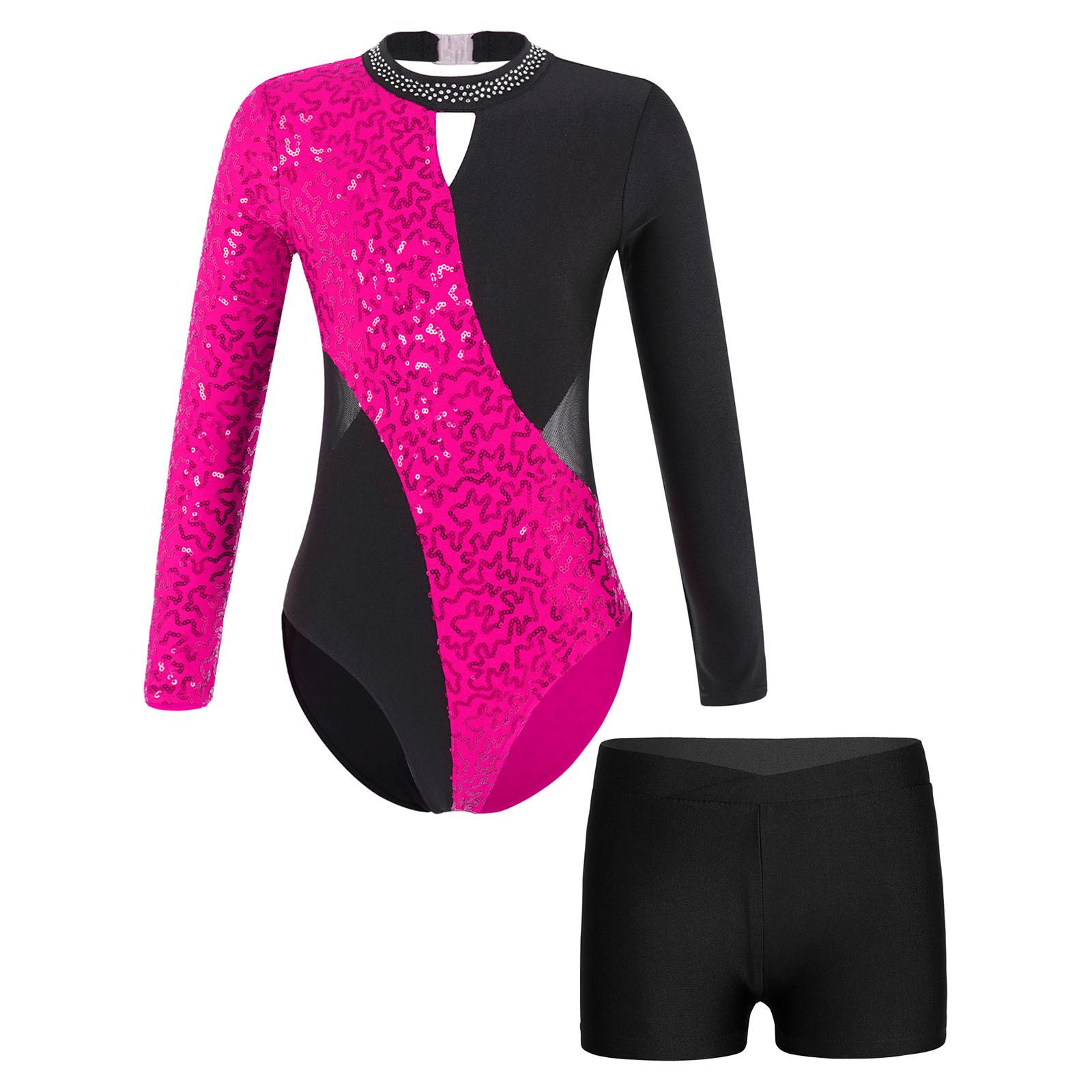 

Купальник із блискучим декором із блискучими паєтками з довгими рукавами та шортами Одяг для катання на ковзанах для танцювальної гімнастики 3-4 Years чорний/гарячі рожевого кольору