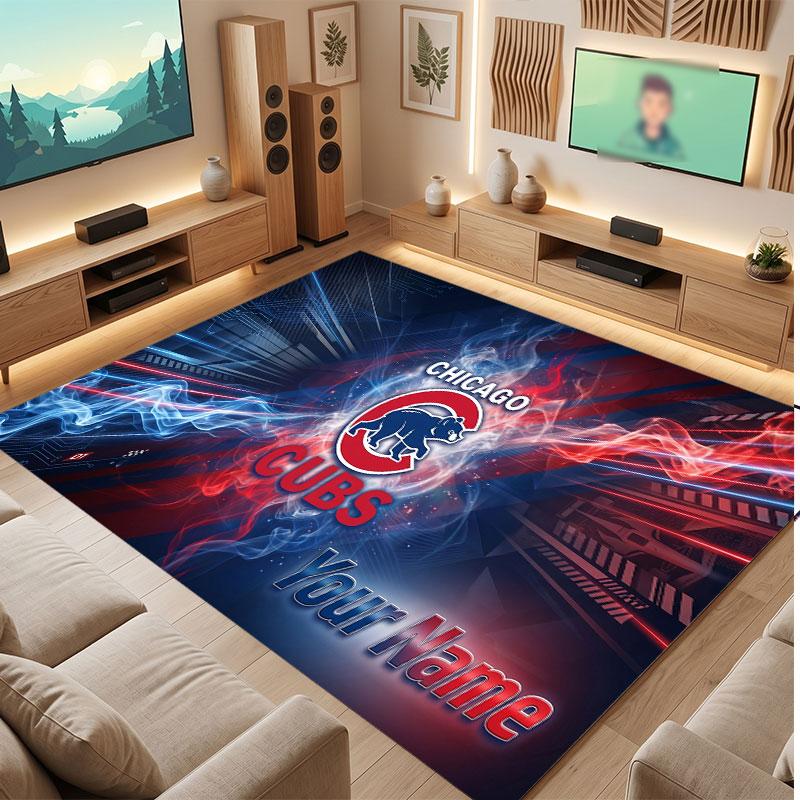 Chicago Cubs Personalized Crystal Velvet Carpet, Customized Name Text Soft Anti‑Slip Rug for Living Room Bedroom