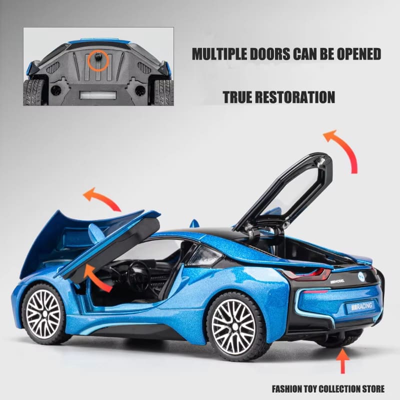 1:32 I8 Slitinový model auta Vysoká simulace Odlévaná hračka se zvukem a světlem Natahovací vozidlo Dekorace hračka Děti Chlapec Dárek Kolekce Ozdoby