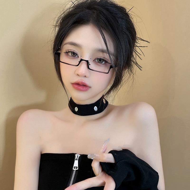 Anime Lower Half Frame Glasses Women Anime Decorative Glasses Ins Trend Metal Rectangular Eyeglasses Decoration