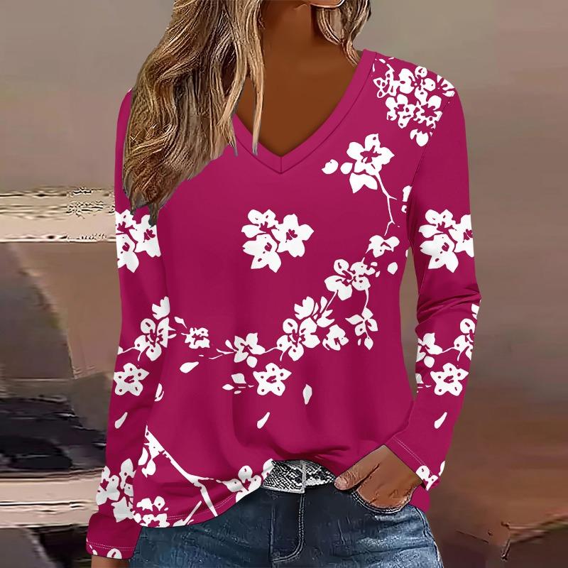 Fashion Flower pattern 3D Print Women V-Neck Long Sleeve T-Shirt Casual Polyester Breathable Women's Clothing Apparel Tops Tees
