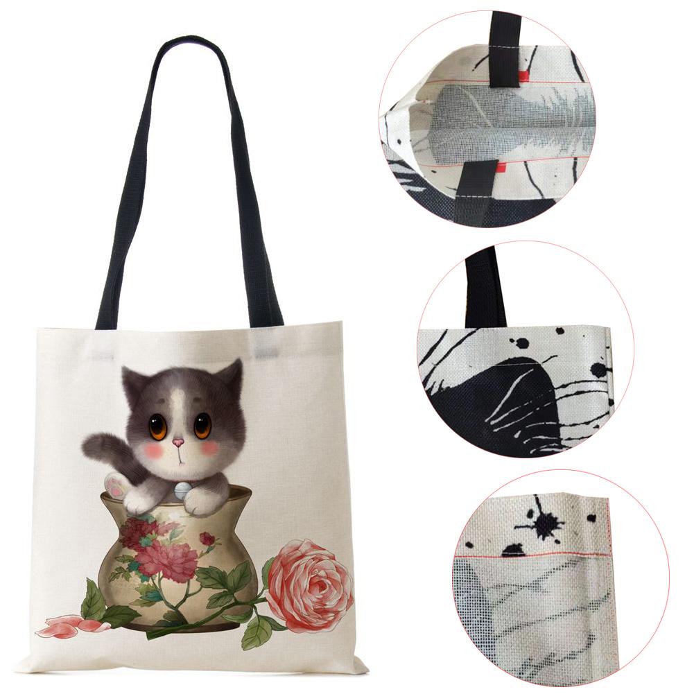 Dog Cat Women Shoulder Bag Shopper Travel Canvas Casual Handbag 2022 Eco Reused Print Vintage Large Capacity Tote Books Bag KTY