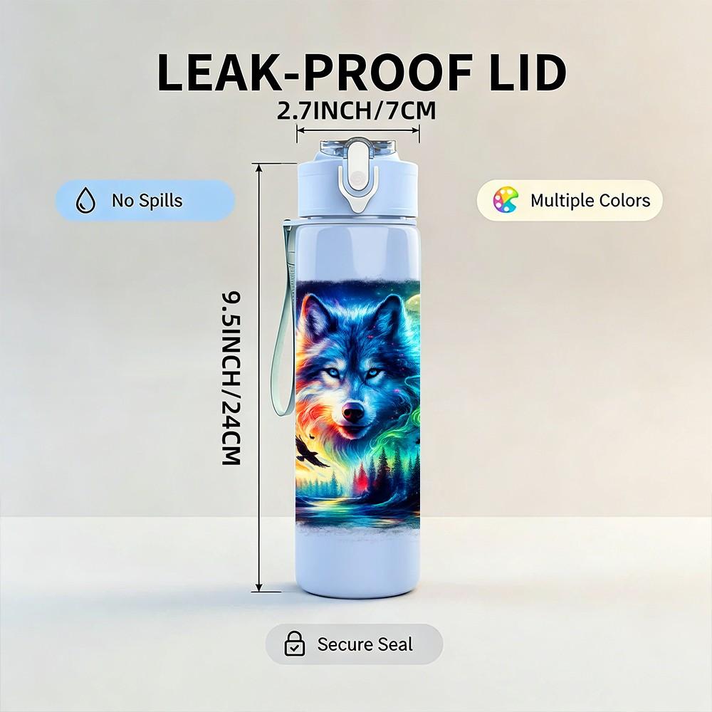 1PC Glowing Galaxy Wolf Head Print 750ml Color Plastic Sports Water Bottle Leakproof Flip Straw Lid Suitable for Sports Office Home Use