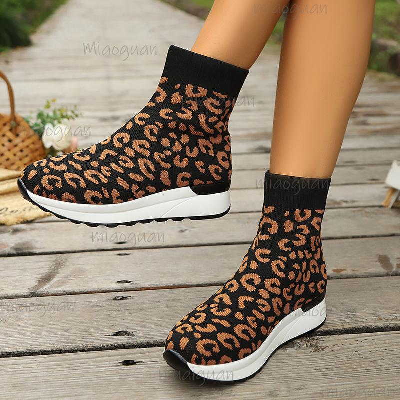 Fashion Leopard Printed Knitted Socks Sneakers for Women Breathable Casual Sports Running Shoes Woman Fashion High Top Slip-On Sneakers