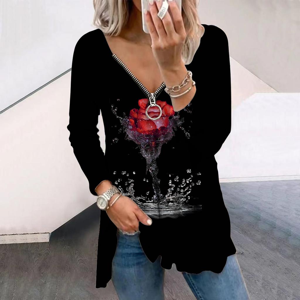 Women Autumn Water Rose Printed Long Sleeve T-Shirts Loose V-Neck Plus Size Tee Shirt Tops Comfy Blouse