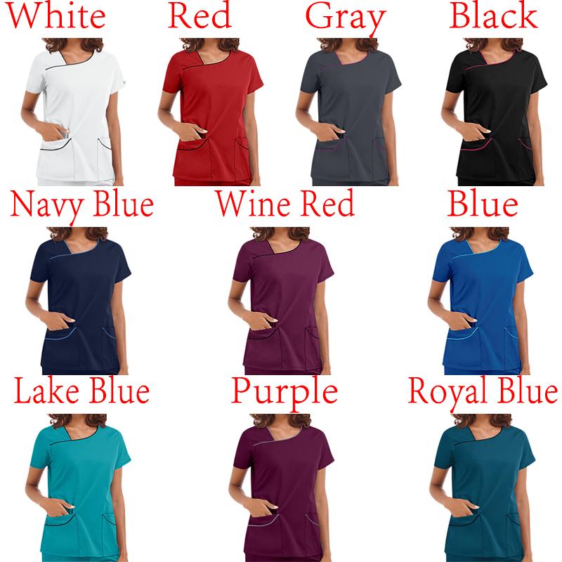 Kadın Yaz Üstleri Kısa Kollu Tişört V Yaka Cep Üniforma Baskılı Seksi Hemşire Bakım İşçileri Kliniği