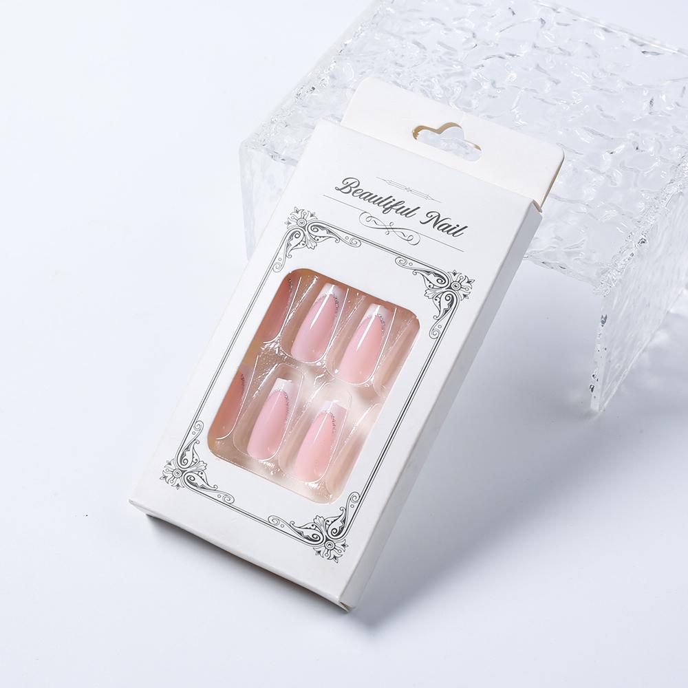 24Pcs Short Square Coffin False Nails French Glitter Wearable Fake Nails Acrylic Full Cover Women Ballet Press On Nails Tips