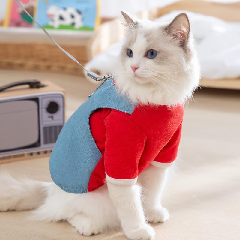 Denim fake two-piece traction T-shirt summer thin cat clothes pet anti-hair-loss muppet British short American short spring
