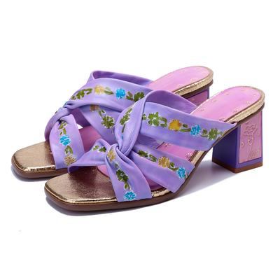 Dames Echt Leer Geprint Hoge Hak Slippers Mode Veelzijdig Schapenvacht Dikke Hak Sandalen
