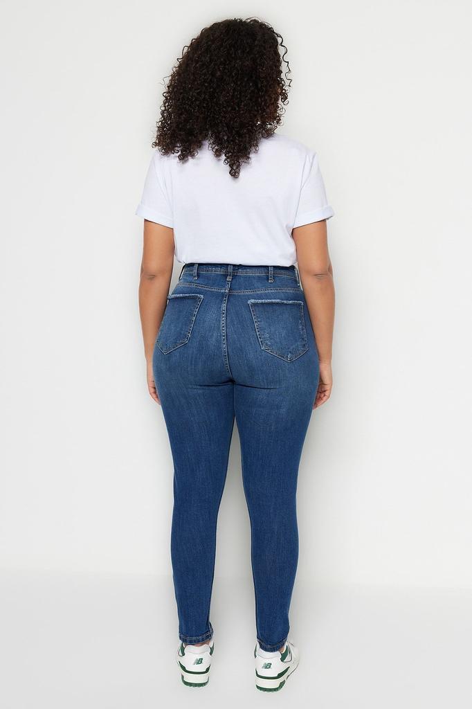 Women's Style Plus Size Dark Blue High Waist Destroy Detailed Stretchy Skinny Jeans