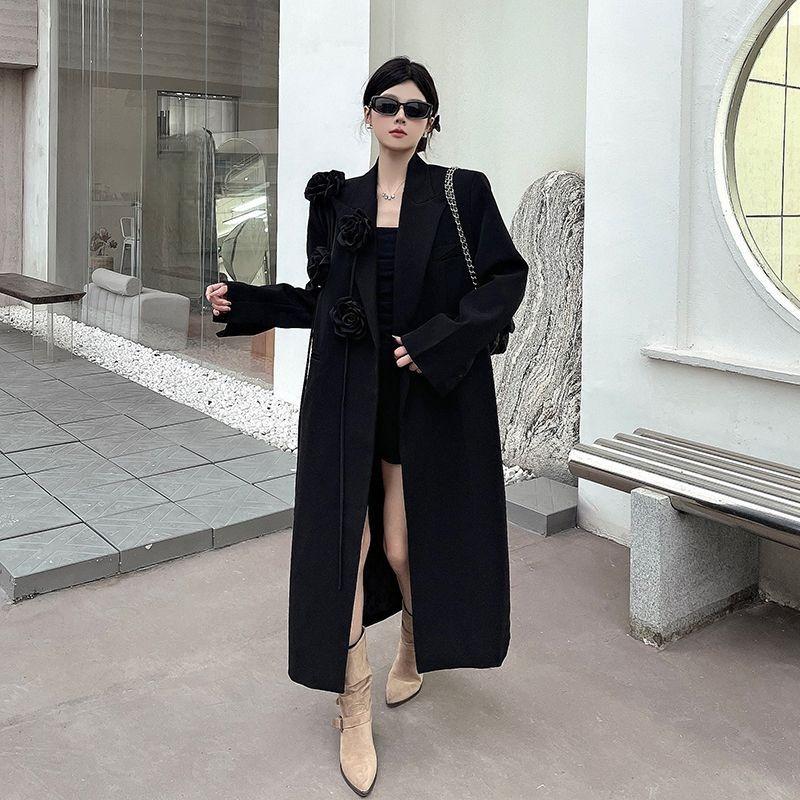 Loose Fit Black Womens Blazer Coat Winter Elegant Stereoscopic Floral Embroidery Heavy Duty Long Trench Suit Jacket