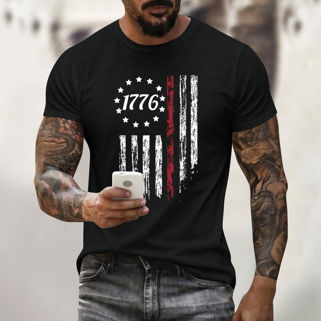 Men's Holiday Print Round Neck Short Sleeve Top Casual Sports Top