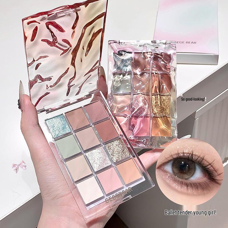 Gege Bear Water Ripple Eyeshadow Palette - Colorful, Pearlescent & Matte Earth Tones, Waterproof, No Fallout, Student-Friendly.