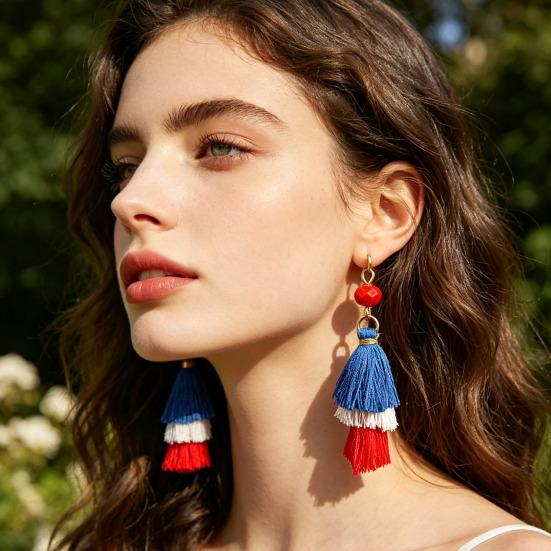 Earrings Multi-layered Fringe Earrings Creative Red, White, and Blue Flag-Colored Pendant Earrings 4th of July Independence Day Gift for Women