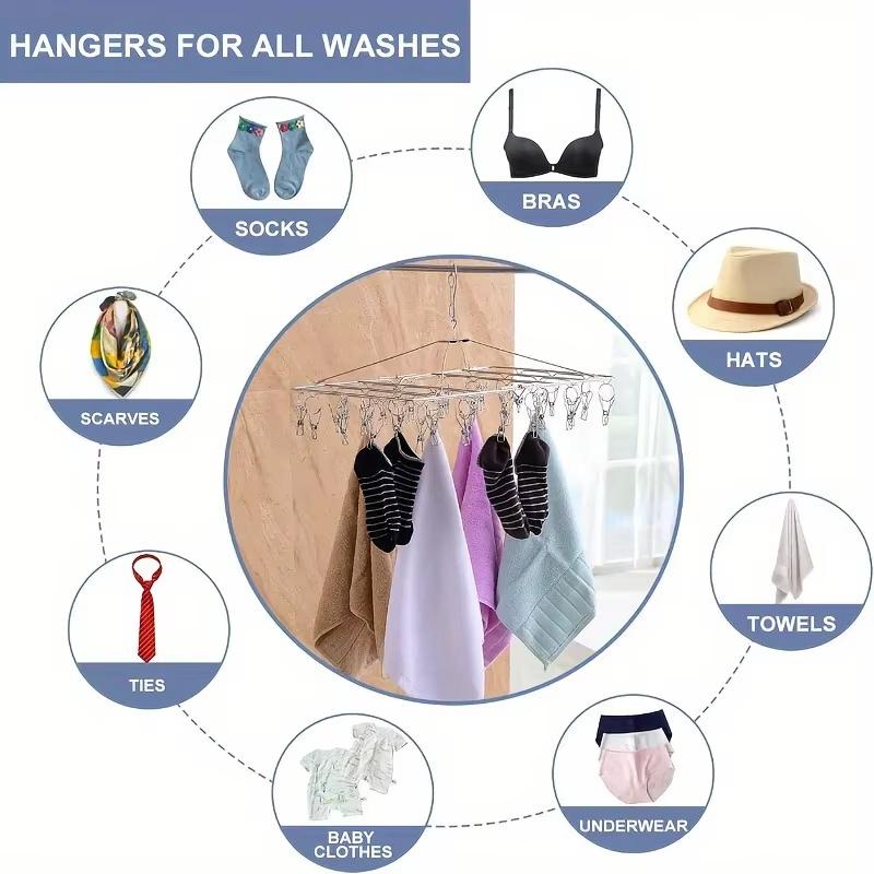Stainless Steel folding Sock Underwear Hanger with Clips for Washing Line, Rectangle Laundry Metal Multi Peg Drying Rack Sock