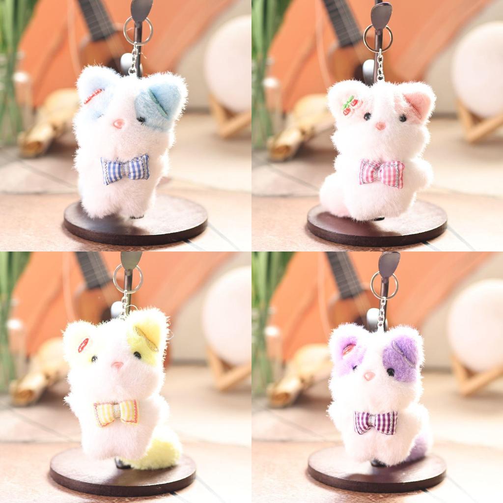 Cute Animal Plush Doll With Checkered Bow Decoration For Bags And Keys