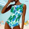 Women Plus Size High Round Neck Sleeveless Tropical Leaf Printed One Piece Swimsuit