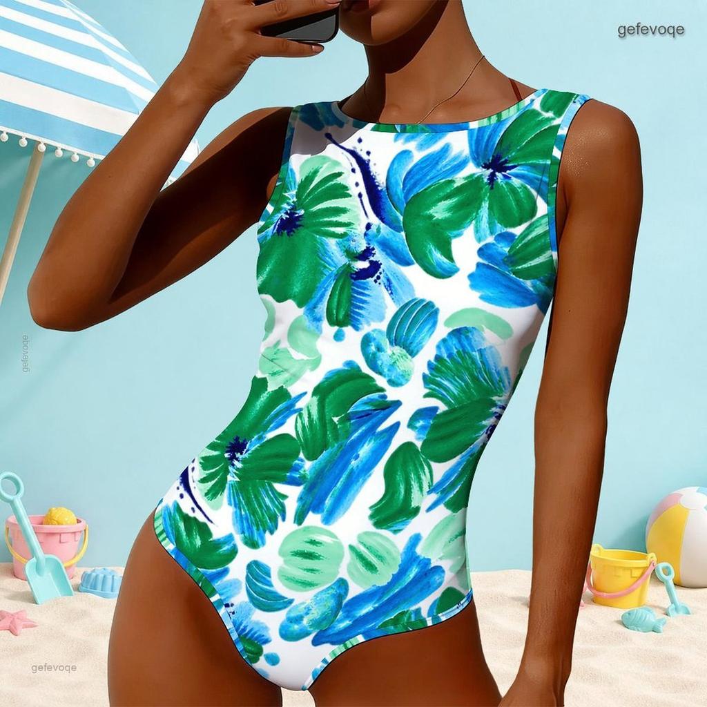 Women Plus Size High Round Neck Sleeveless Tropical Leaf Printed One Piece Swimsuit