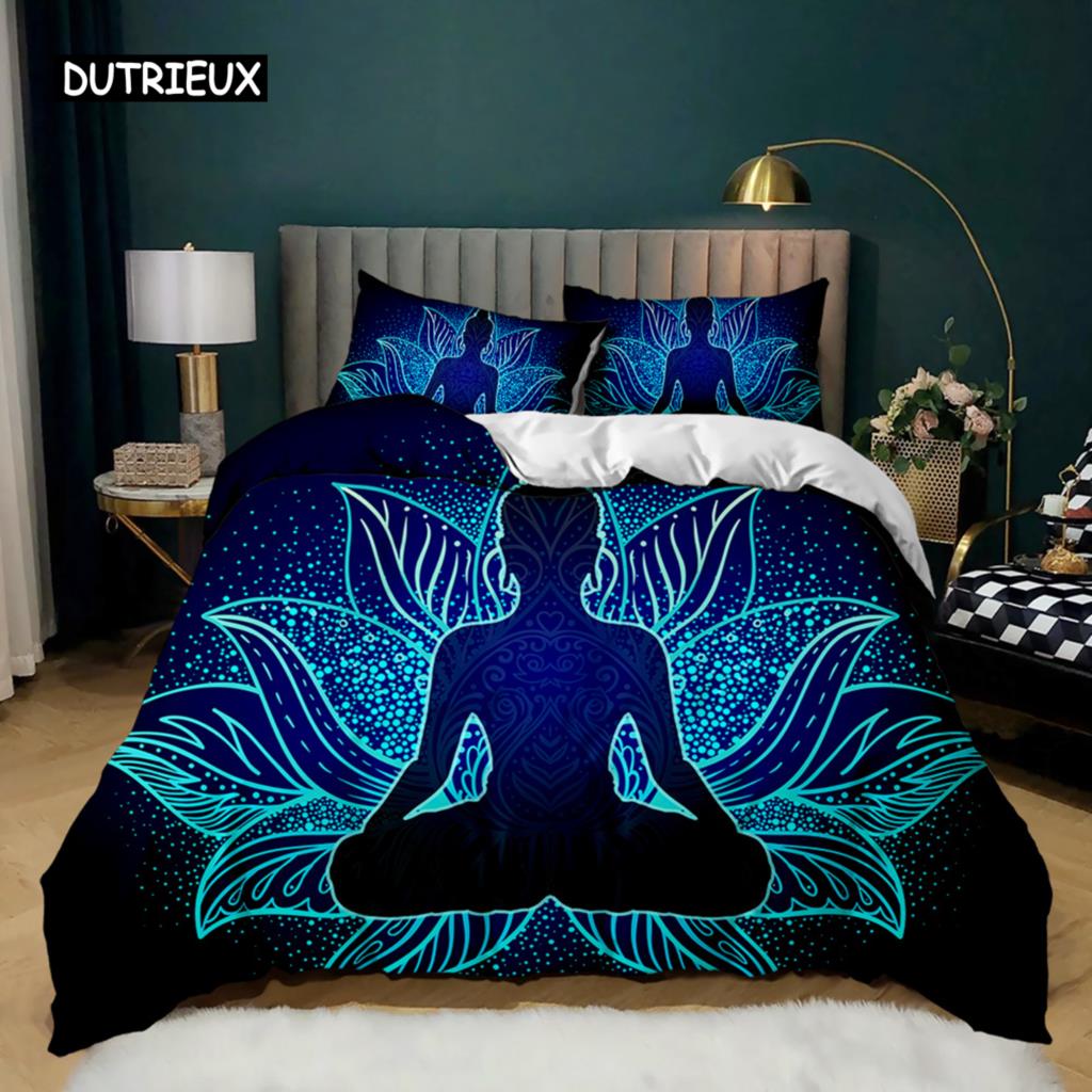 Buddha Duvet Cover Set Indian Art Bohemian Mandala Zen Themed Bedding Set Meditation Buddhist Lotus Floral Polyester Qulit Cover