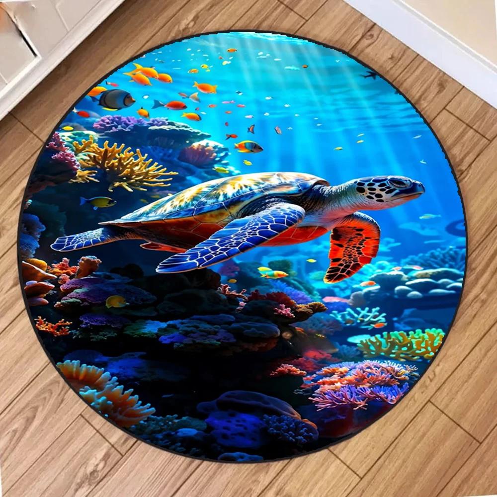 Soft Round Area Rugs Indoor Mats Sea Turtle Ocean Animal Nautical Map Unique Carpet for Living Room Bedroom Woman Yoga Mat Home