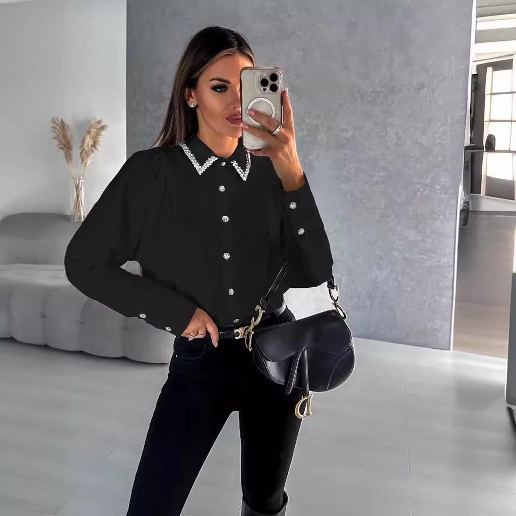 QICED Spring Summer POLO Neck Fashion Diamond Set Loose Long-sleeved Button-down Shirt Blouse Woman