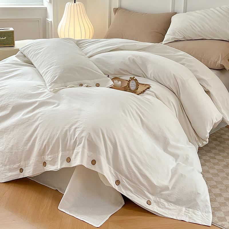 MUJI-Style Four-Piece Flannel & Washed Cotton Bedding Set with Buttoned Duvet Cover