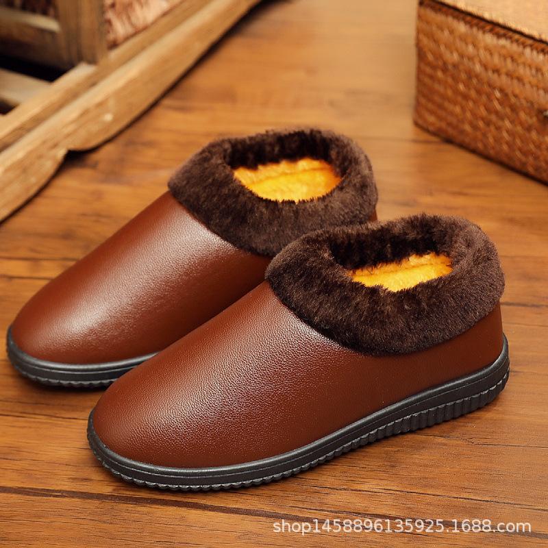 

Cotton slippers men s winter non-slip bag heel velvet soft-soled thick-soled PU leather-faced waterproof cotton shoes 45