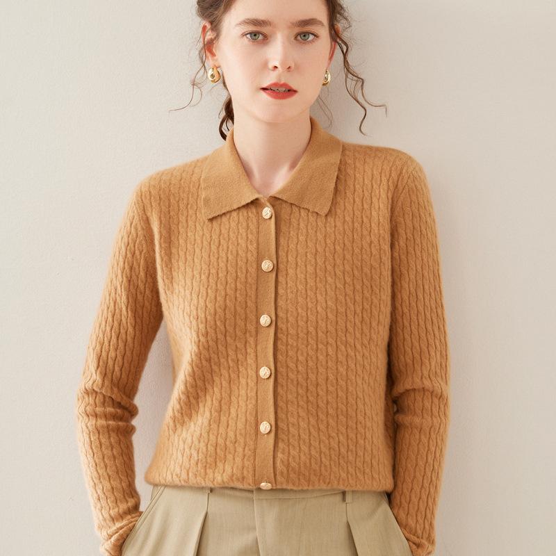 Women's Twist Pattern Polo Collar Wool Cardigan - Autumn/Winter Slim Fit Cashmere Knit Sweater