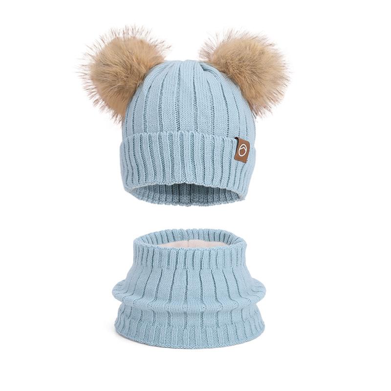 Children's hats Outdoor warm three-piece set Boys and girls fleece ear protector pullover hat Cute hairball knitted wool hat