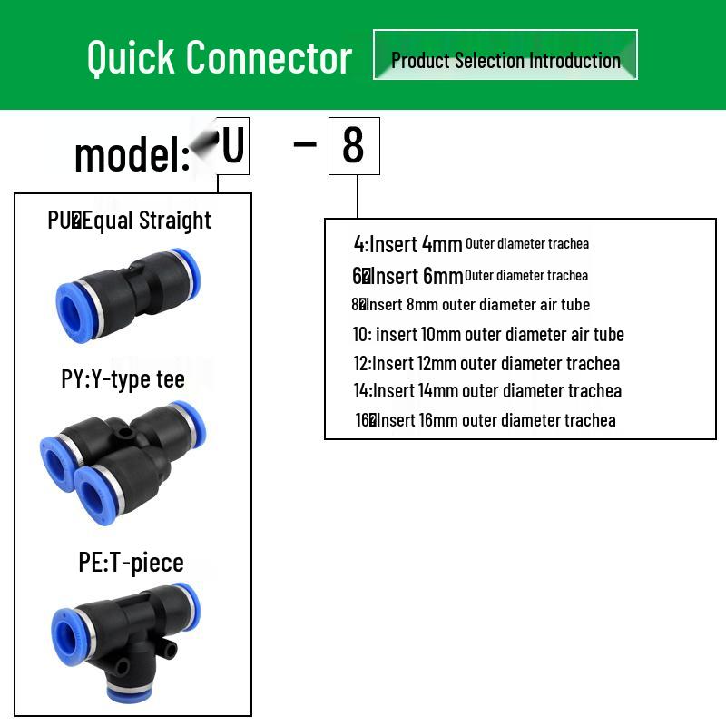 Pneumatic Quick-Connect T-Type Tee for Air Hoses, Equal Diameter, 4/6/8/10/12mm