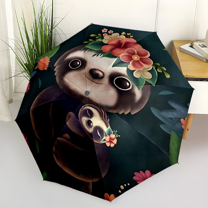 1pc Sloth Floral Automatic Open/Close Umbrella, Portable Folding Umbrella for Travel, Themed Events005