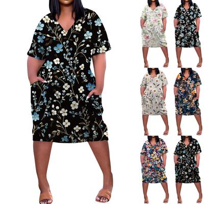Rochie Casual de Vară Mărimi Mari cu Decolteu în V, Mânecă Scurtă, Buzunar la Genunchi, Imprimeu, pentru Femei