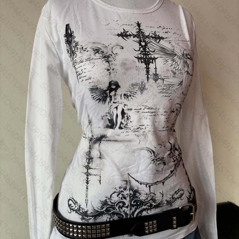 Y2k Style Aesthetic Sweet and Sexy Long Sleeved Top for Women's Casual Gothic Punk Printed T-shirt Harajuku Grunge Clothes Emo
