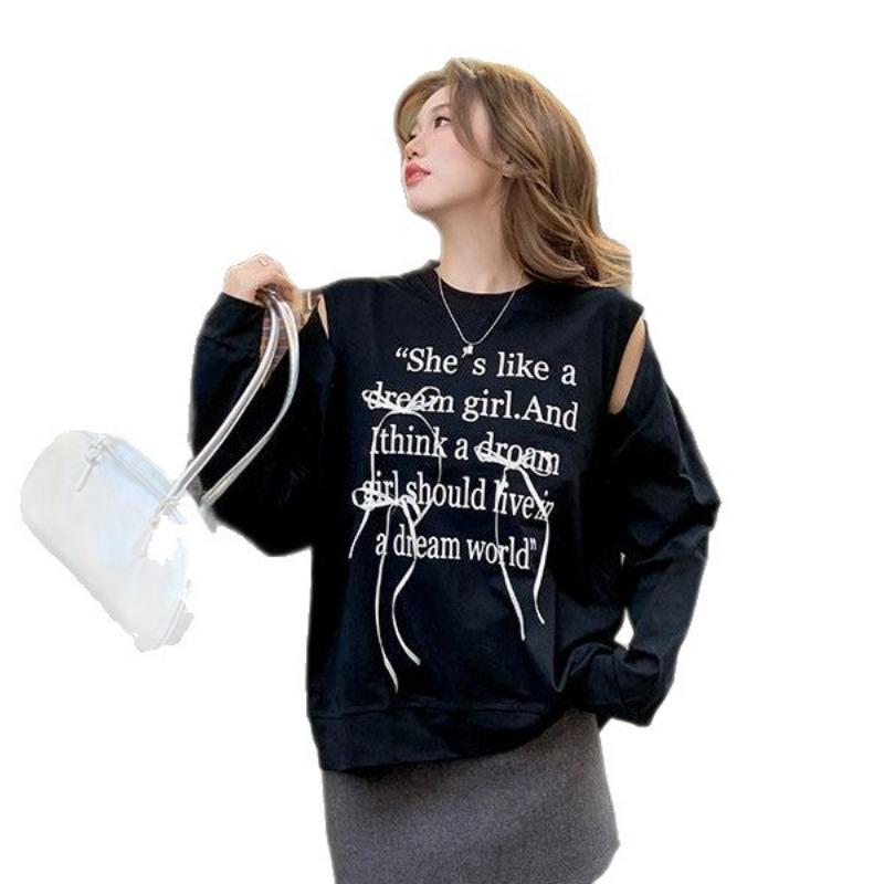 Autumn and Winter New Style Korean Design Bow Hollow Off-shoulder Letter Print Long-sleeved Off-shoulder Sweatshirt for Women