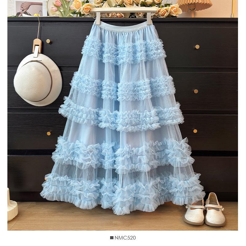 Sweet Style High Waist Ruffled Lace Gauze Maxi Skirt
