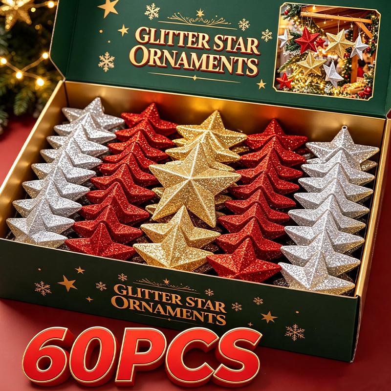60/4x Glitter Five Pointed Star Pendants Christmas Tree Hanging Ornament Home Holiday Party New Year Festive Decoration Supplies