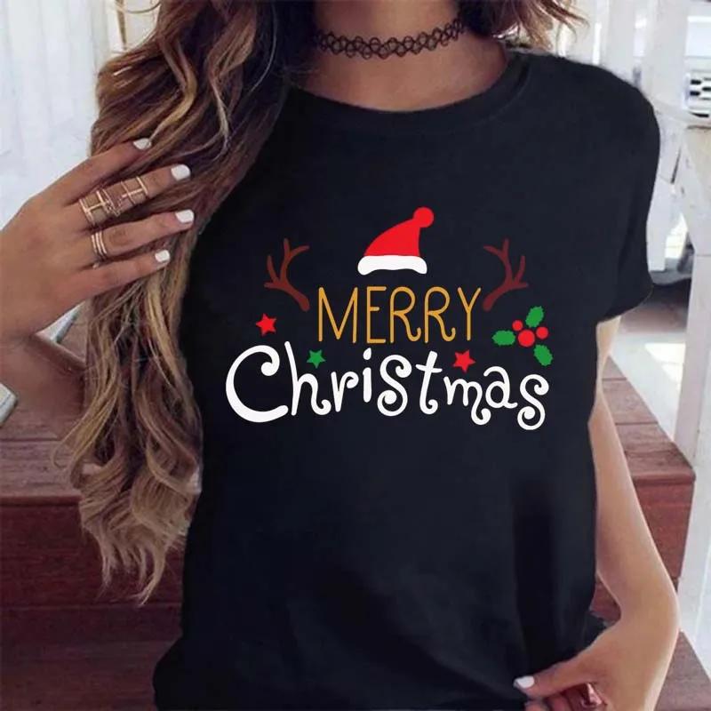 Cute Snowman Christmas Happy Women's T-shirt Cartoon Pattern Printed Black T-shirt 90s Fashion Girls Christmas Gift Top