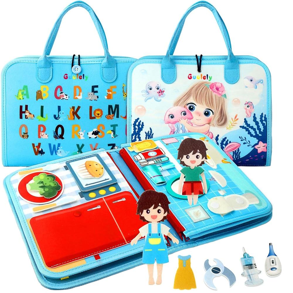 Montessori Busy Board Interaktives Sensorikspielzeug Faltbar Tragbar Aktivitätenbuch Blau Pädagogisches Reise Spielzeug zur Entwicklung der Feinmotorik